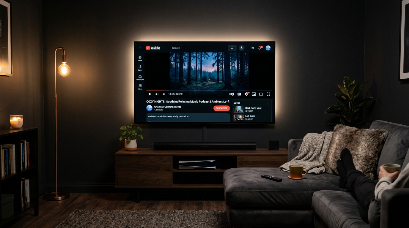 Step 1: TV playing a YouTube video in a dimmed living room