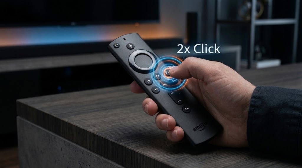 Step 2: Fire TV remote control showing double click on Menu button with glowing indicator